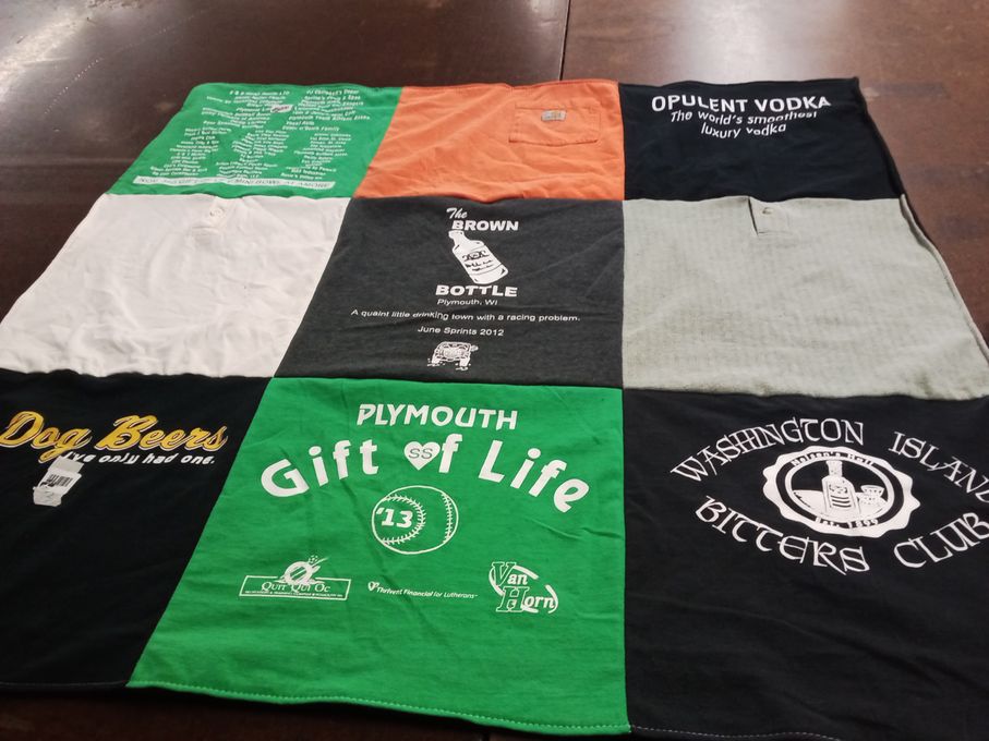 T-shirt quilt with alcohol, spirits themes by Tammy from WI