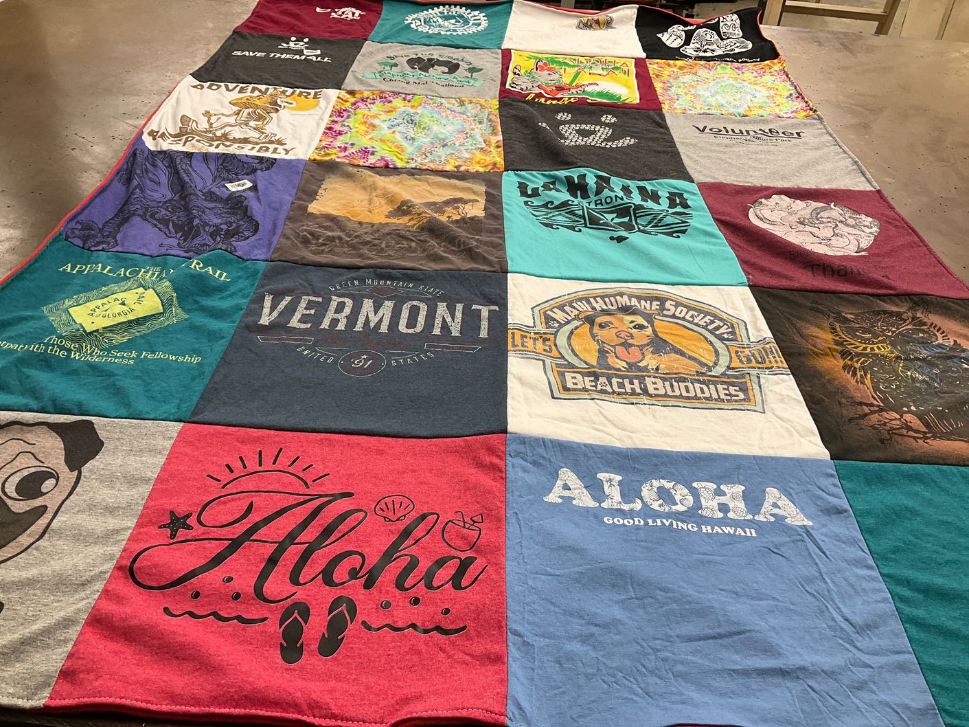 T-shirt quilt with hiking, animal rescue themes by Madison from OR