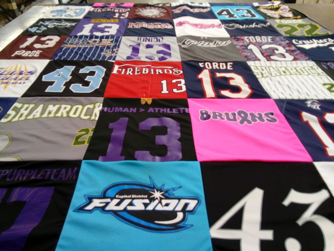 T-shirt quilt featuring firebirds, bruins by Julie from VA