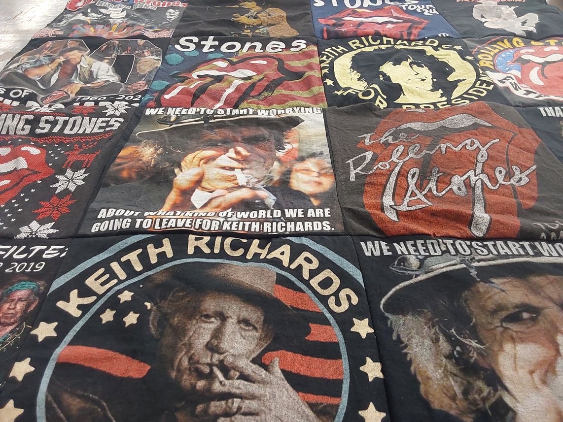 T-shirt quilt with music, rock themes by Deborah from NJ