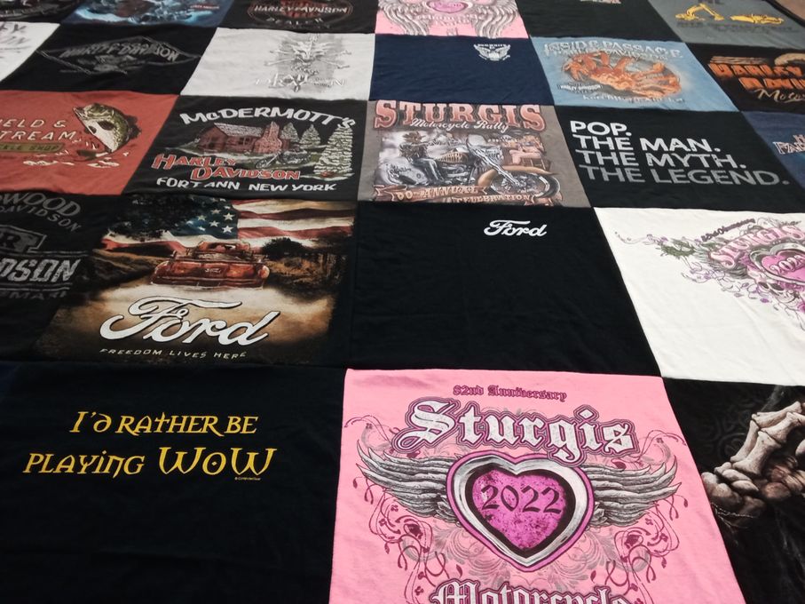 T-shirt quilt with motorcycles, gaming themes by Barbara from NY