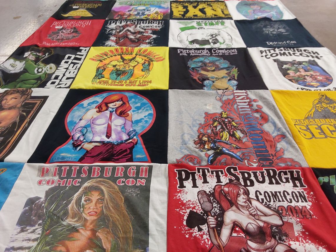 T-shirt quilt with comics, fan conventions themes by Jeanette from PA