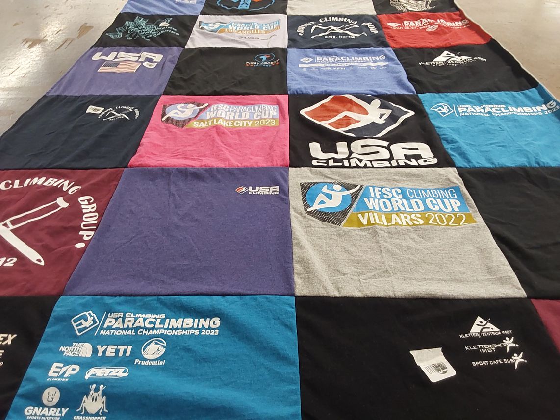 T-shirt quilt with climbing, paraclimbing themes by Meaghan from IL
