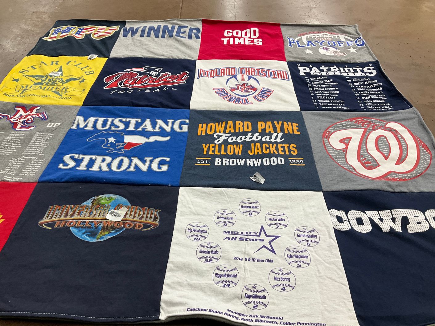 T-shirt quilt featuring howard payne yellow jackets, midland christian mustangs by Cindy from TX
