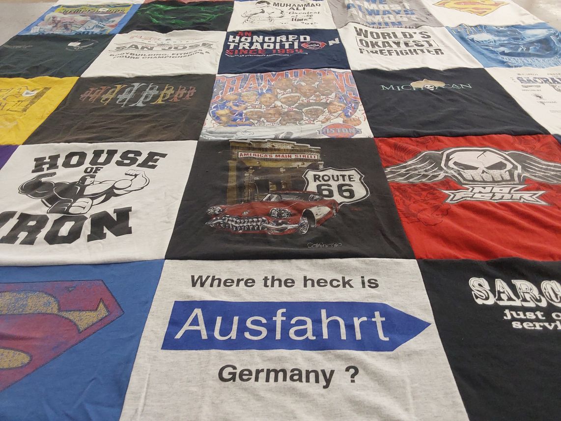 T-shirt quilt with automobiles, fitness themes by Elder from OR
