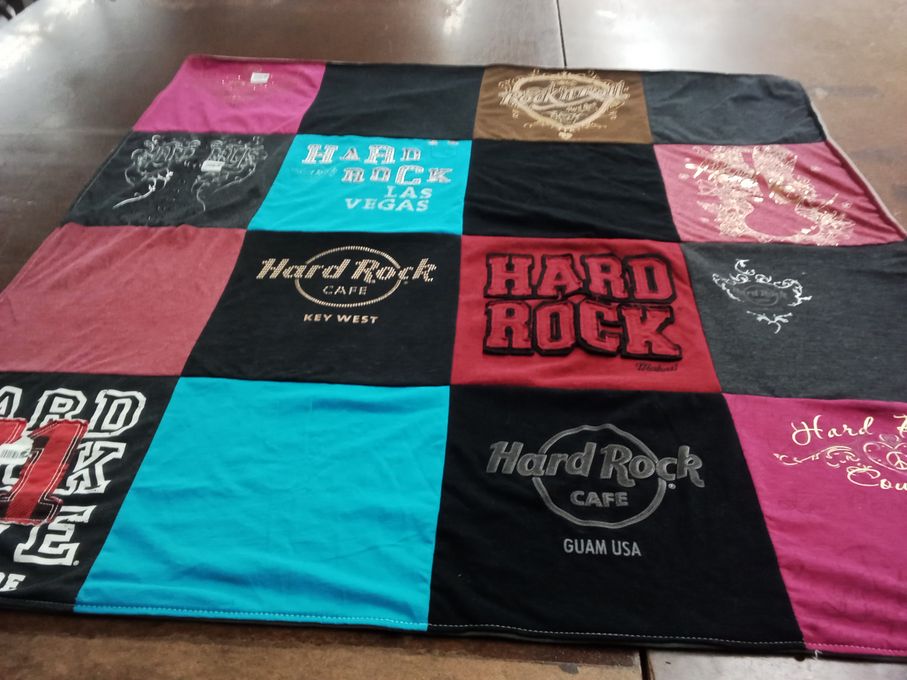 T-shirt quilt with music, travel themes by Vinna from ID