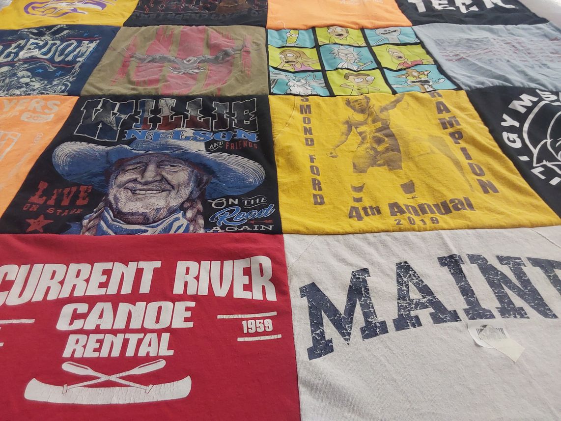 T-shirt quilt with music, canoeing themes by Lily from MO