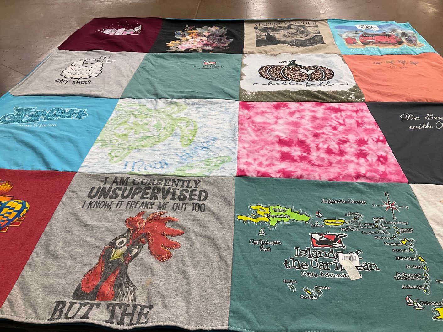 T-shirt quilt with travel, art themes by Stephanie from MN