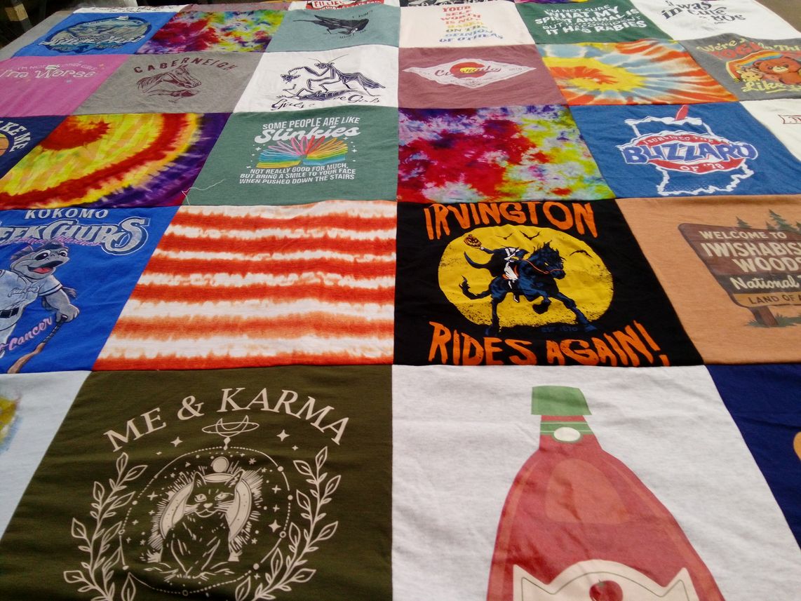 T-shirt quilt with cats, spirituality themes by Angela from IN