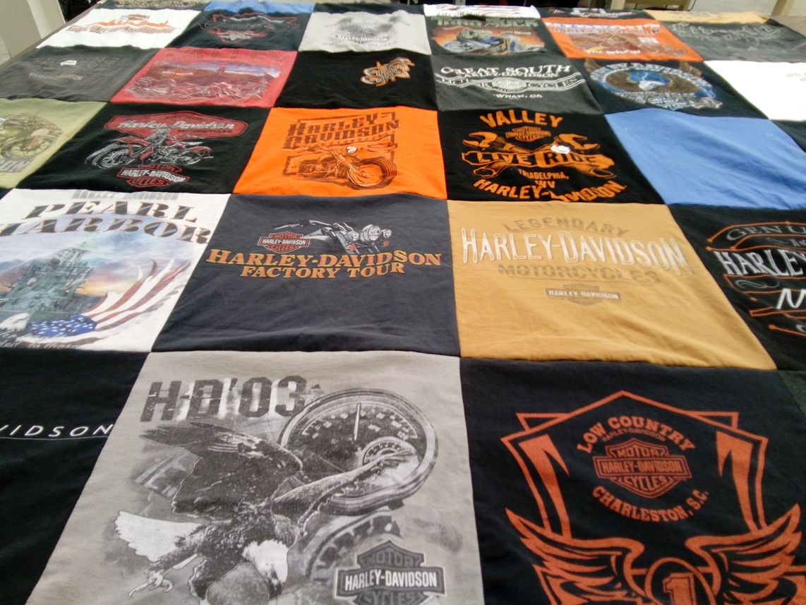 T-shirt quilt with motorcycles, biking themes by Emily from PA