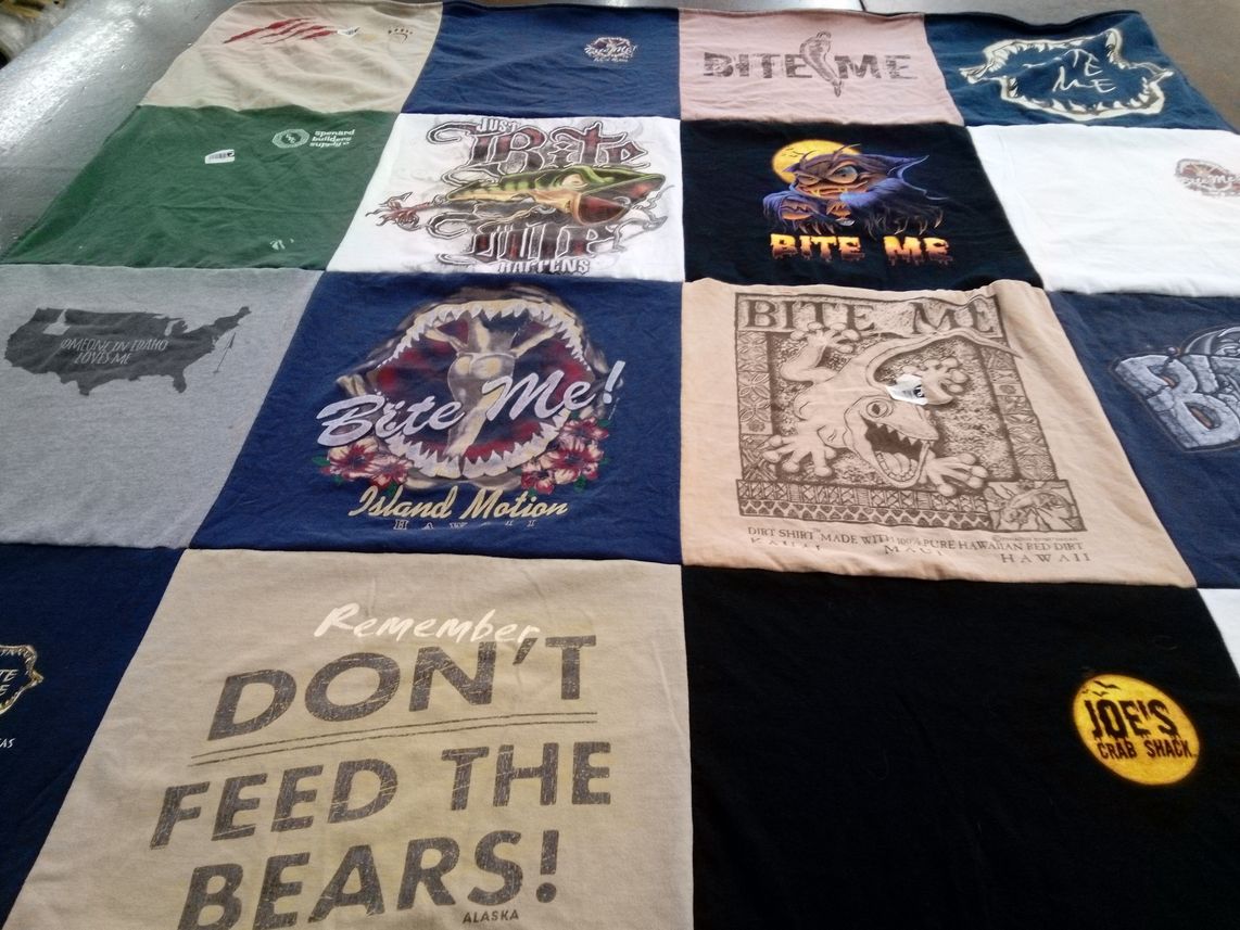 T-shirt quilt with food, travel themes by Joy from AK