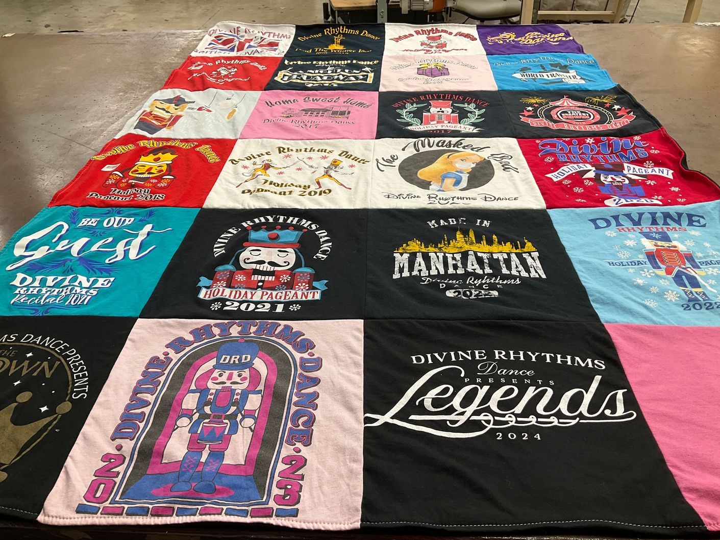 T-shirt quilt with dance, performance themes by Eileen from NY