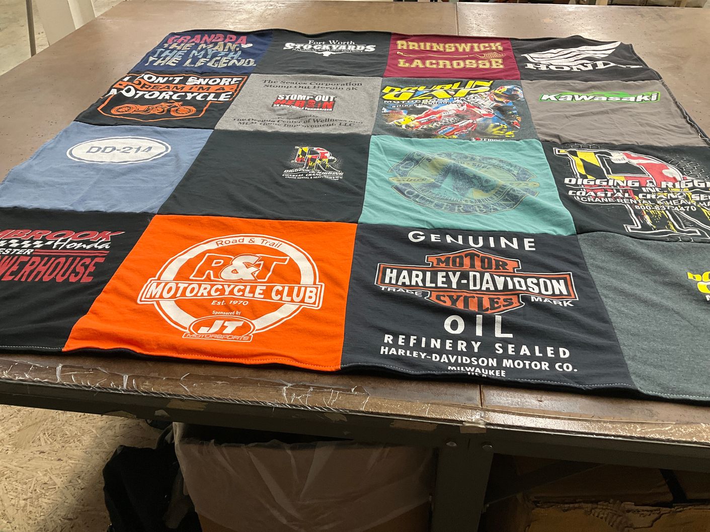 T-shirt quilt with motorcycles, biking themes by Pamela from VA