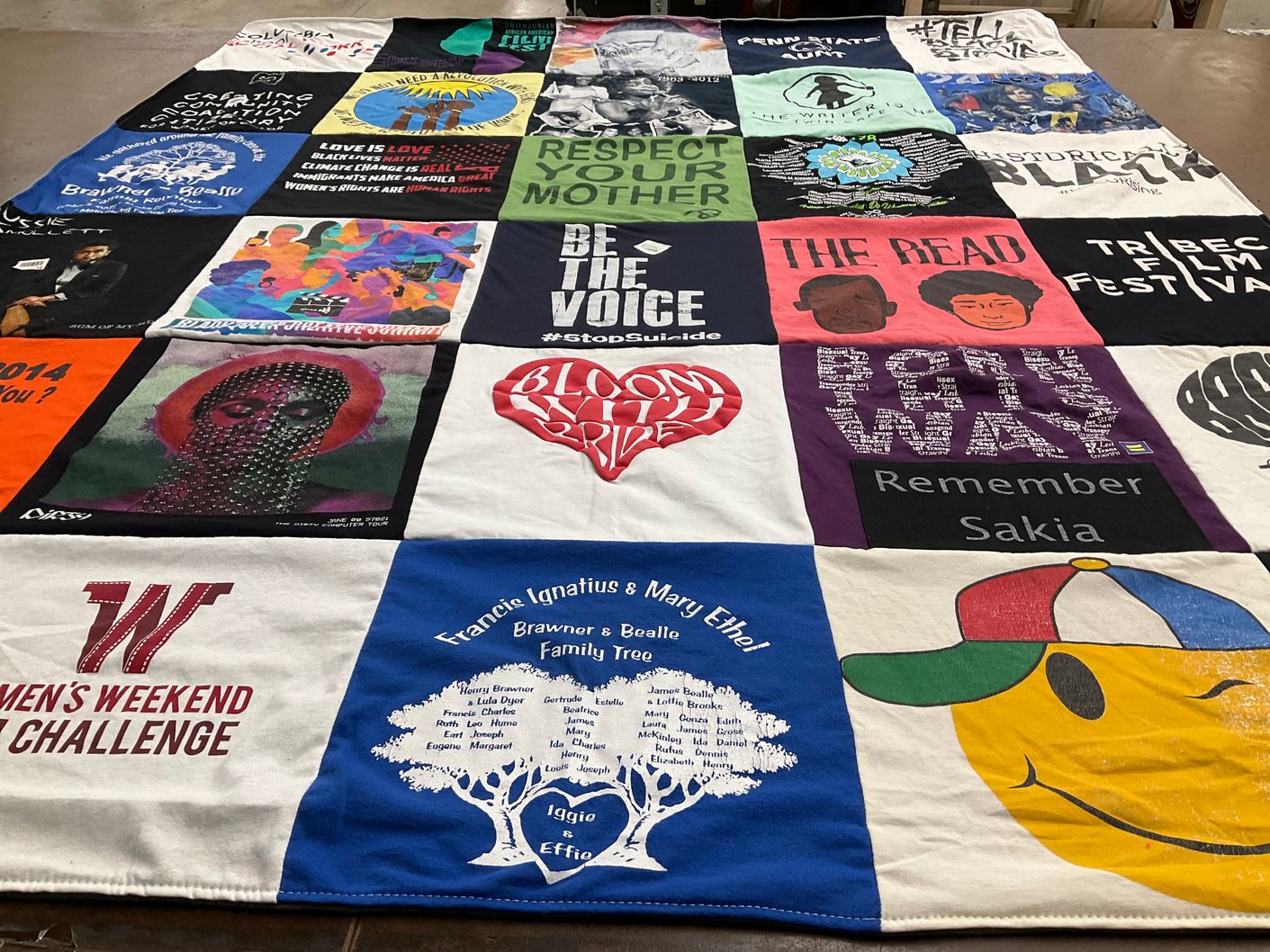 T-shirt quilt with mental health, social issues themes by Danielle from NY