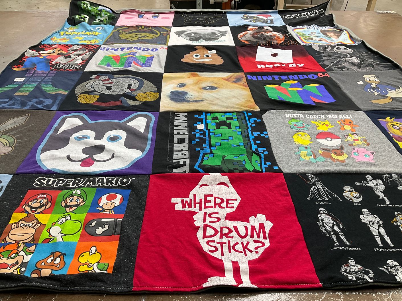 T-shirt quilt with video games, cartoons themes by DeAnna from NV