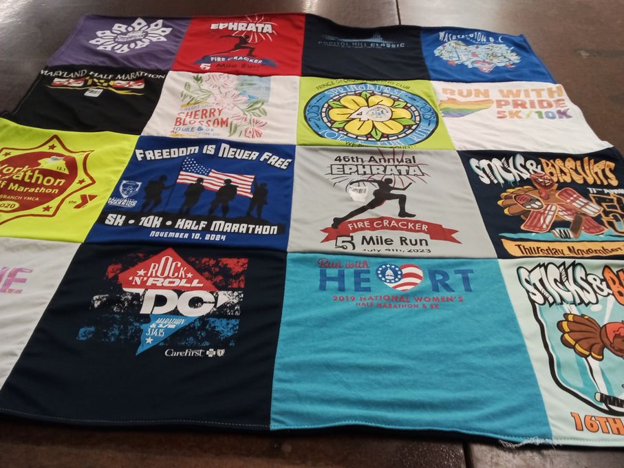 T-shirt quilt with running, marathons themes by Elizabeth from MD