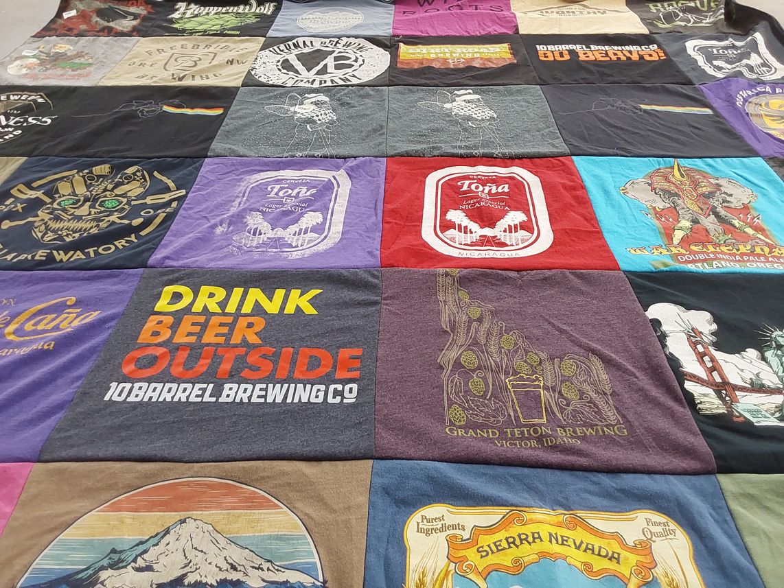 T-shirt quilt with craft beer, brewing themes by Ernie from OR