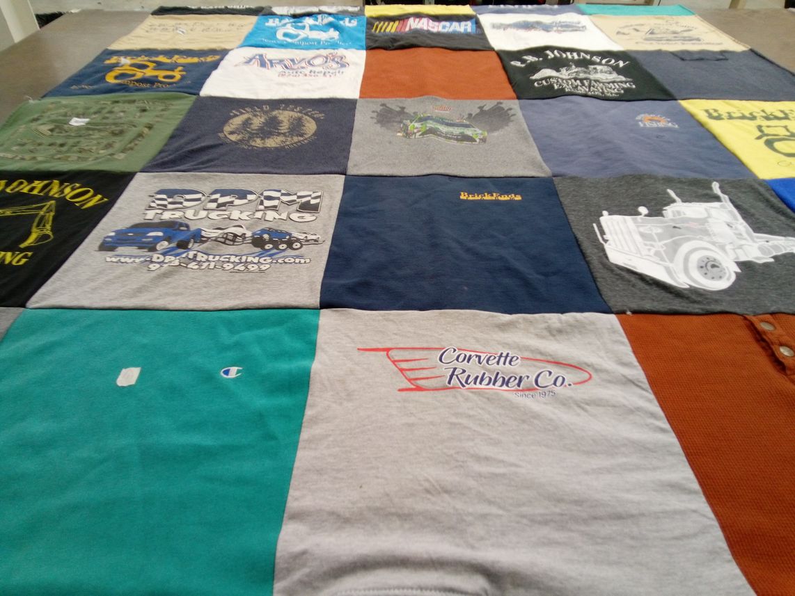 T-shirt quilt with trucking, autos themes by Lindsay from NH