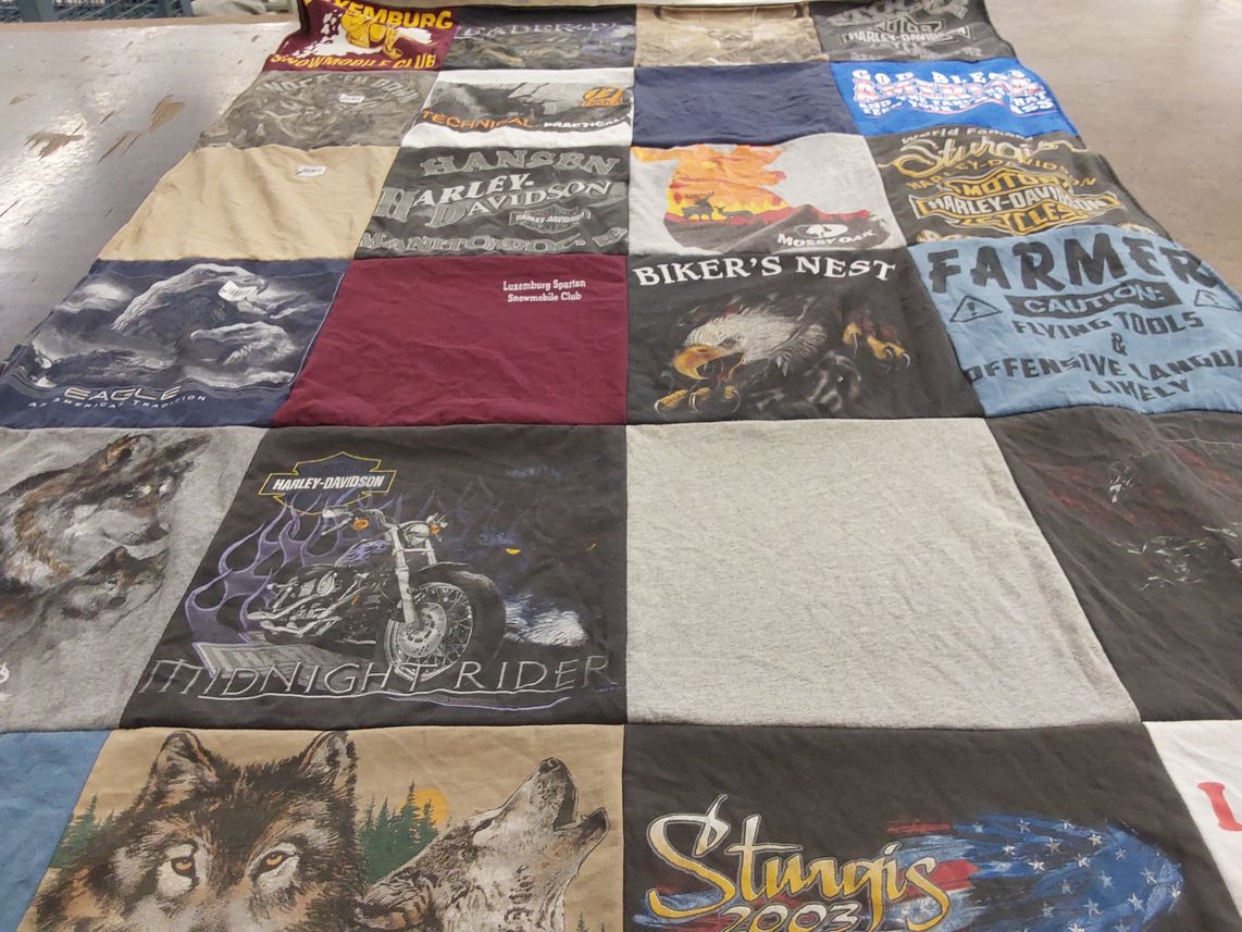 T-shirt quilt with motorcycles, biking themes by Elizabeth from WI