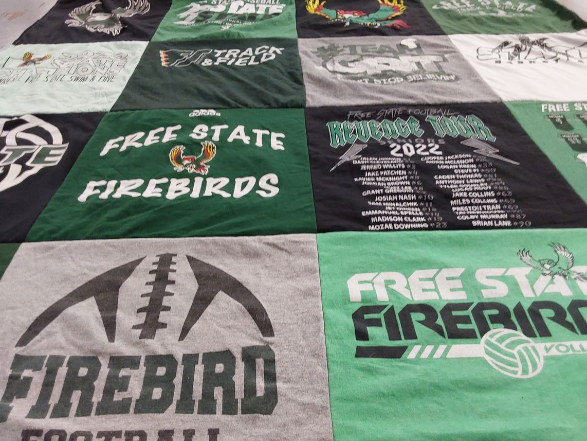 T-shirt quilt featuring free state high school football, free state high school volleyball by Meghan from KS