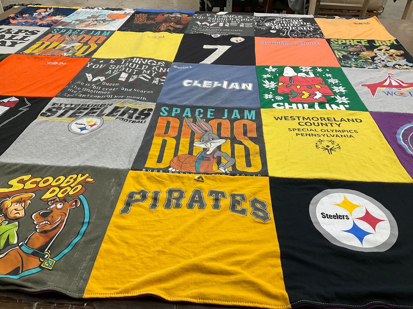 T-shirt quilt featuring pittsburgh pirates, pittsburgh steelers by Elaine from PA