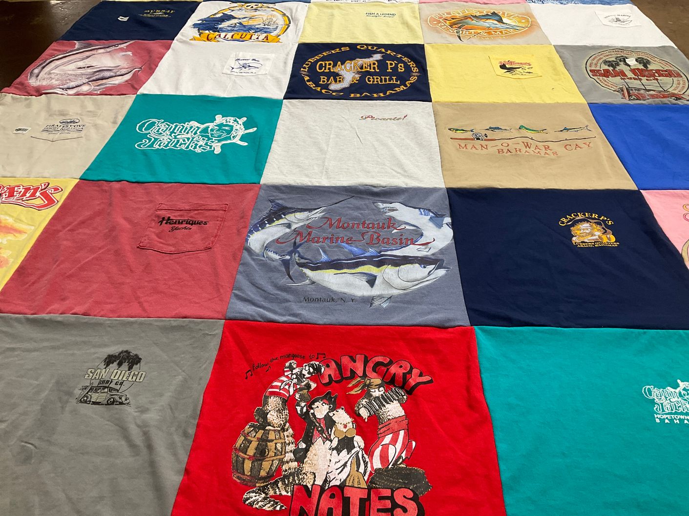 T-shirt quilt with marine life, fishing themes by Erin from NY
