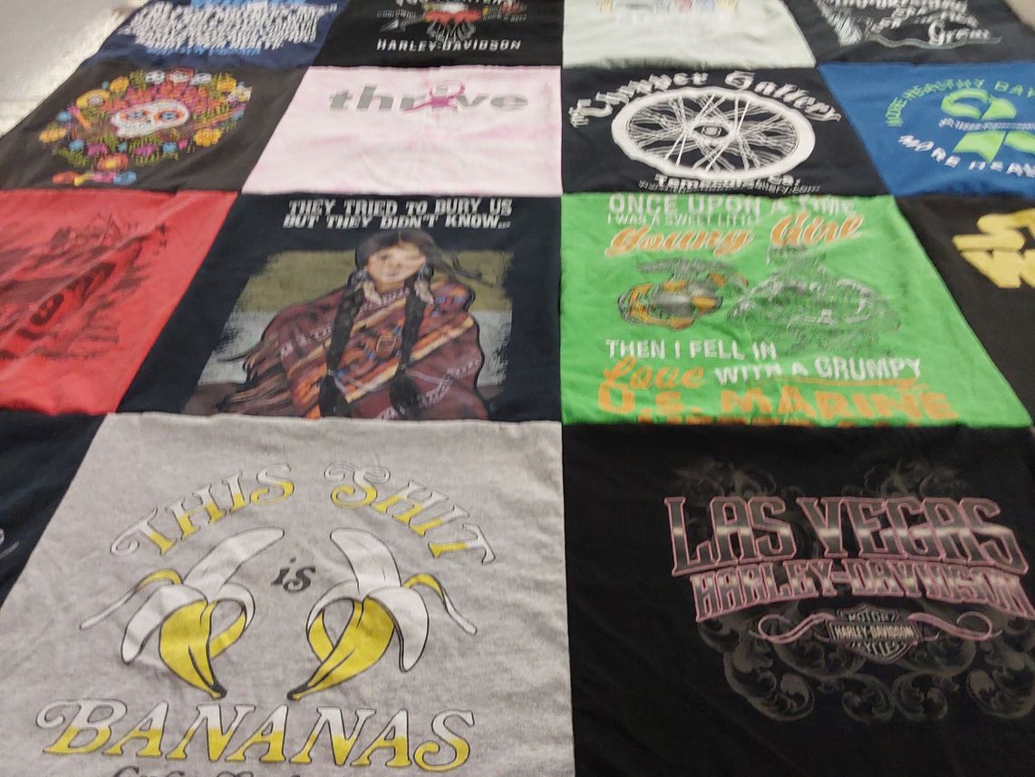 T-shirt quilt with motorcycles, humor themes by Christine from CA