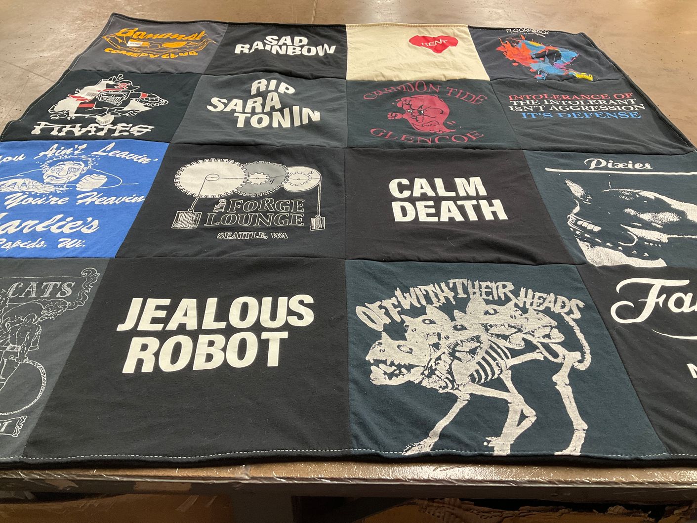T-shirt quilt with music, punk themes by Holly from OR