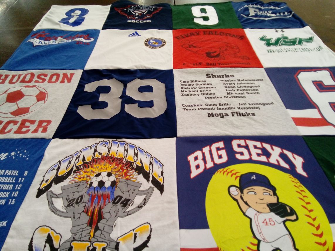 T-shirt quilt featuring falcons, sharks by Jackie from FL
