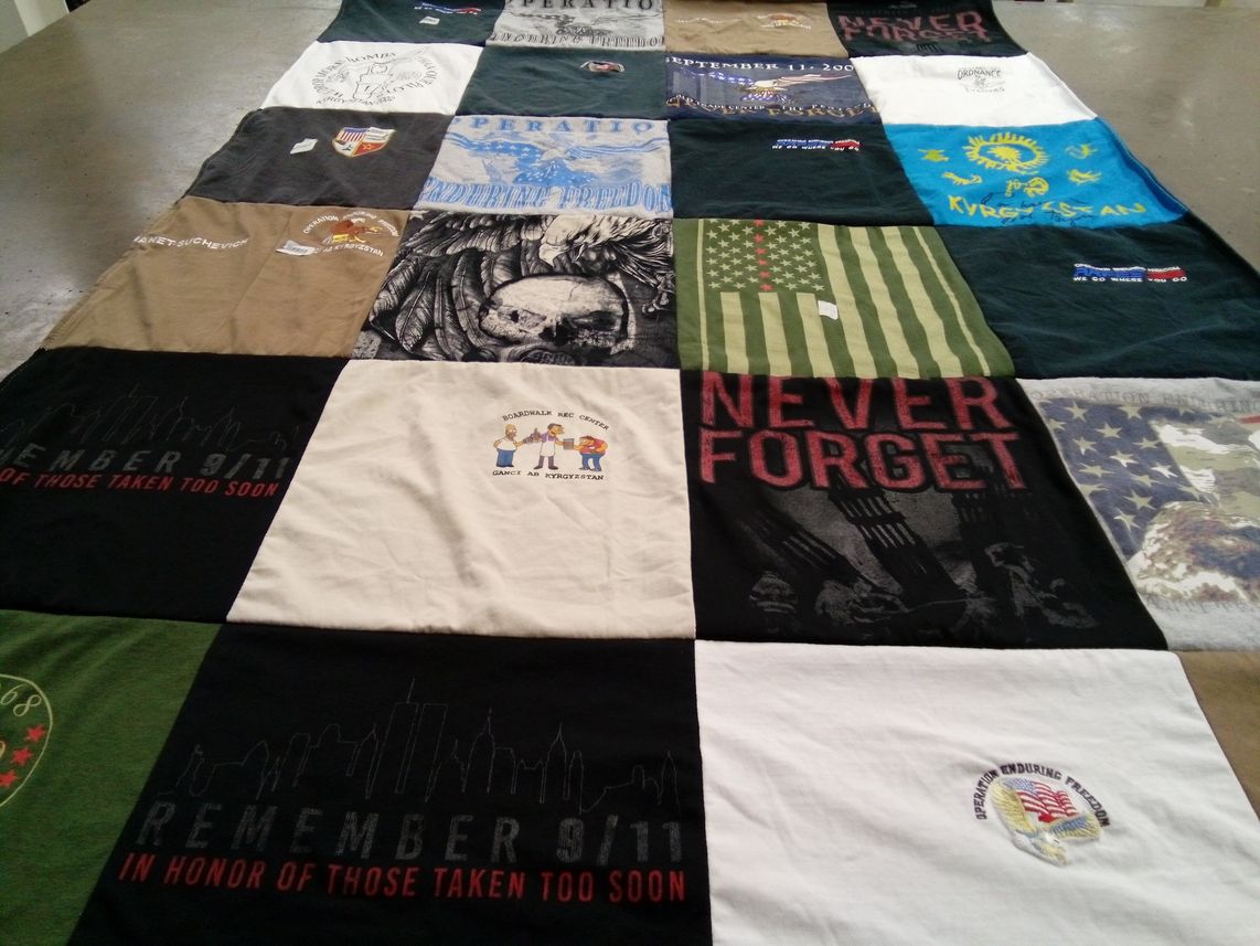 T-shirt quilt with history, memorials themes by Janet from TX