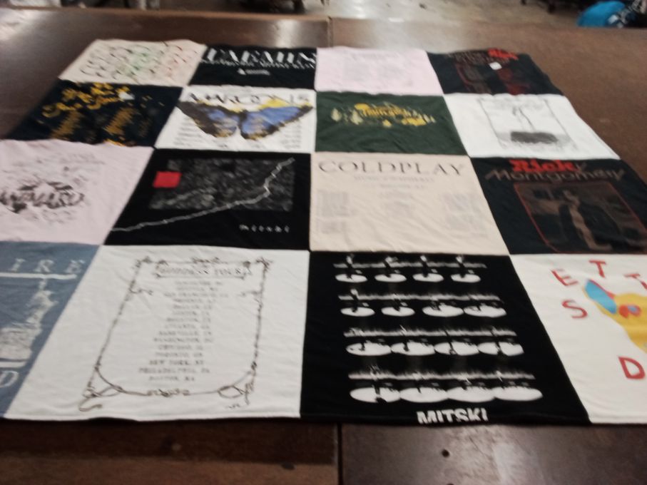 T-shirt quilt with music, concerts themes by Angie from TX