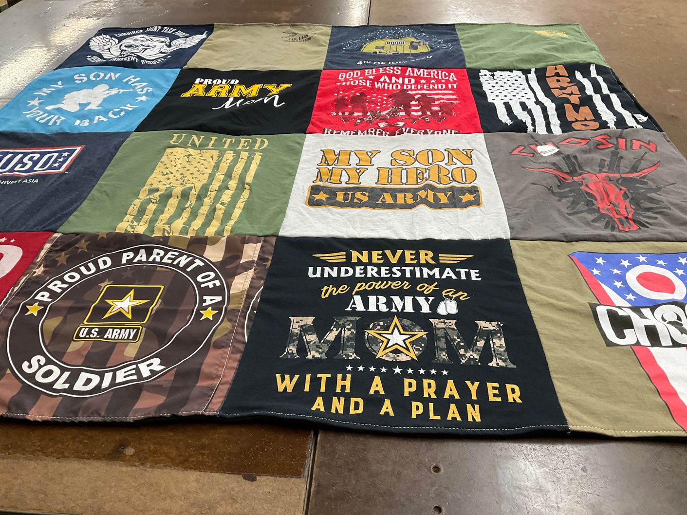 T-shirt quilt with military, patriotism themes by Twana from OH