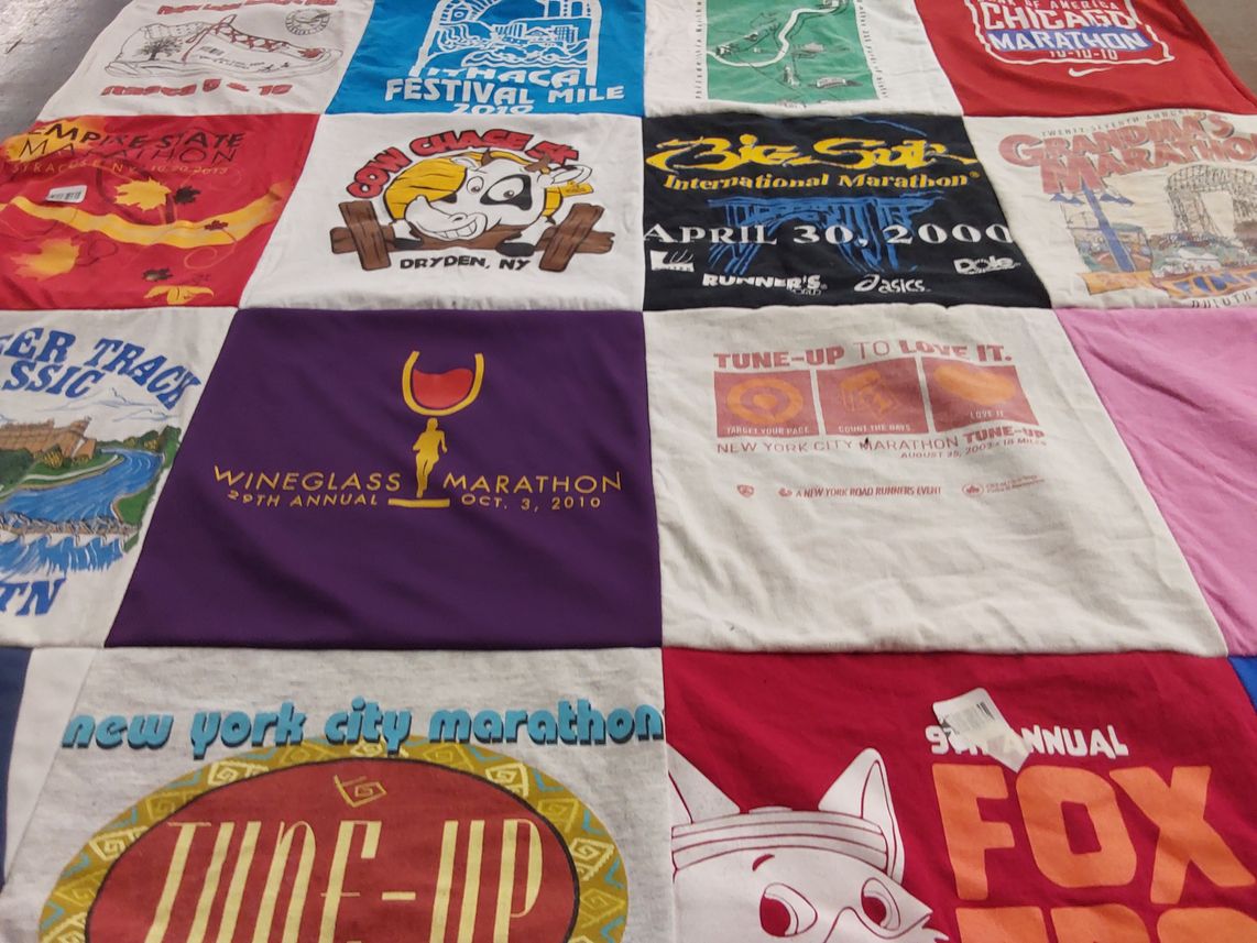 T-shirt quilt with running, marathons themes by Susan from NY