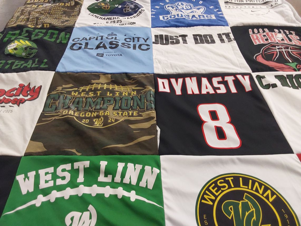 T-shirt quilt featuring west linn football, west linn basketball by Amanda from OR