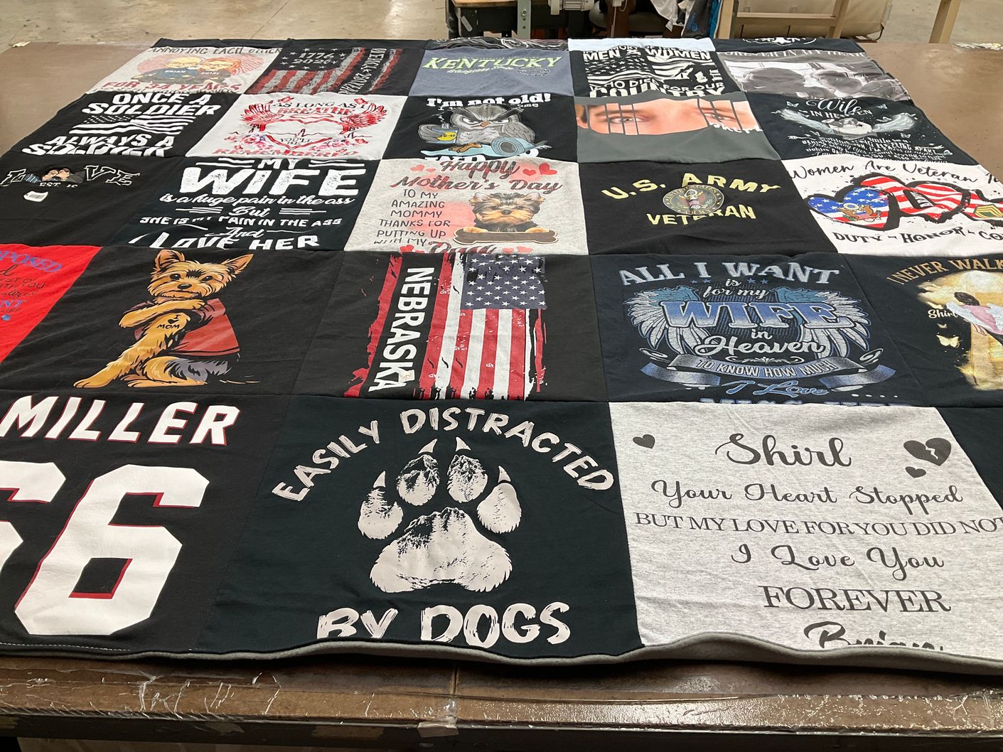 T-shirt quilt with military, dogs themes by Brian from NC