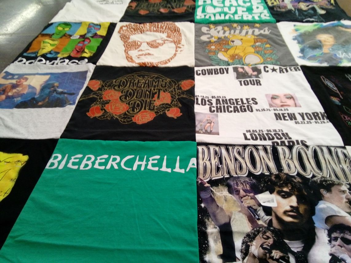 T-shirt quilt with music, concerts themes by Sharla from UT