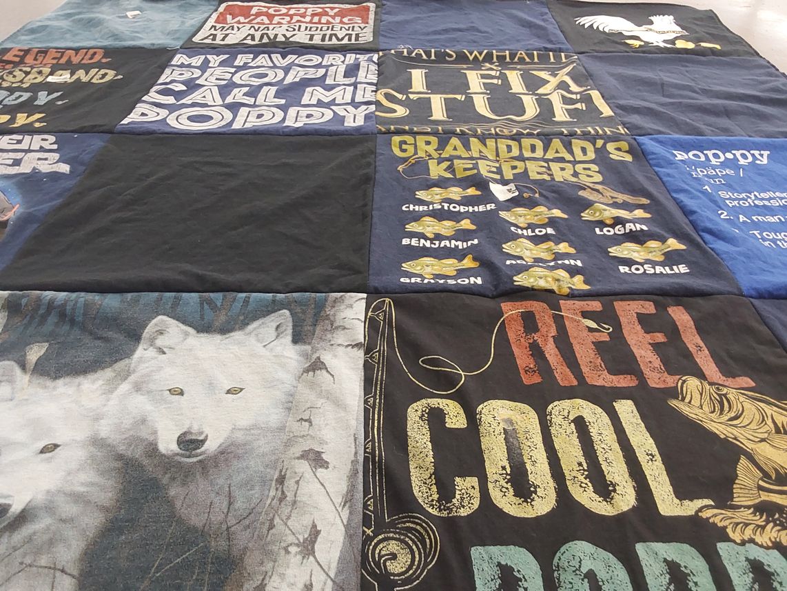 T-shirt quilt with fishing, family themes by Gwendolyn from GA