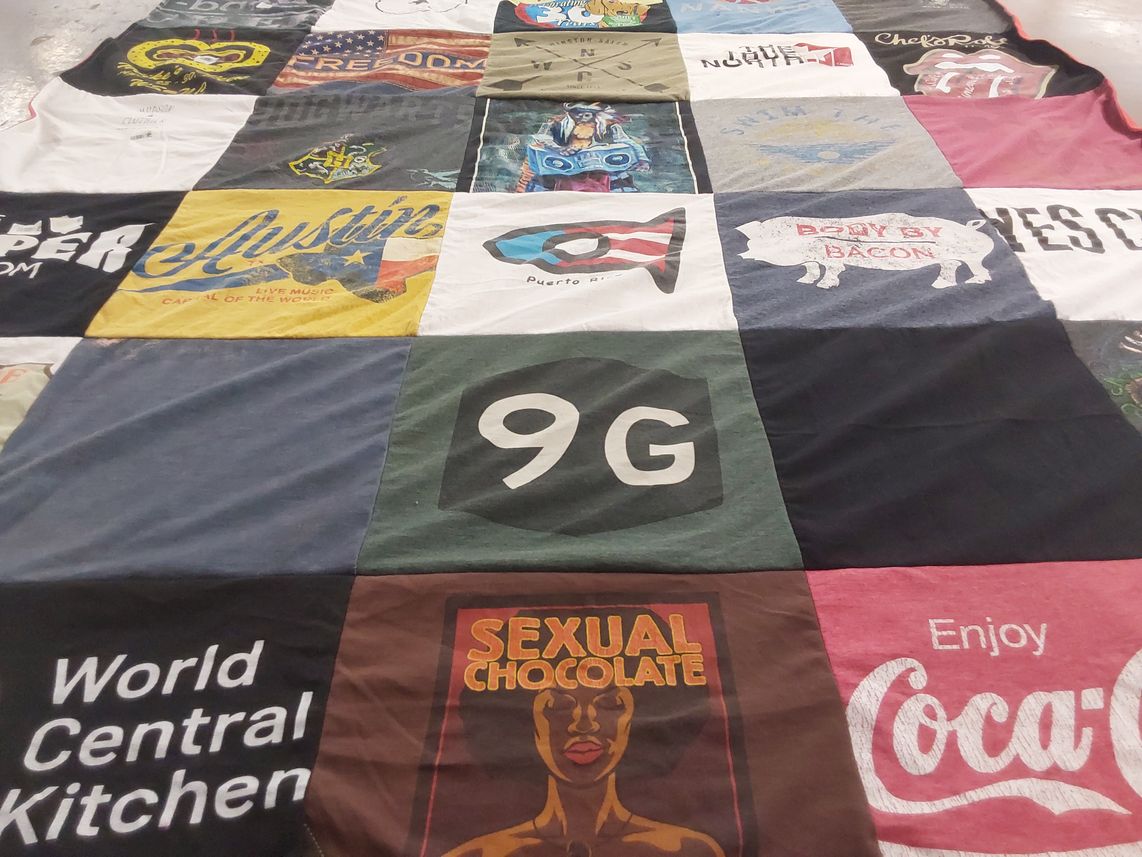 T-shirt quilt with music, food themes by Timothy from NC