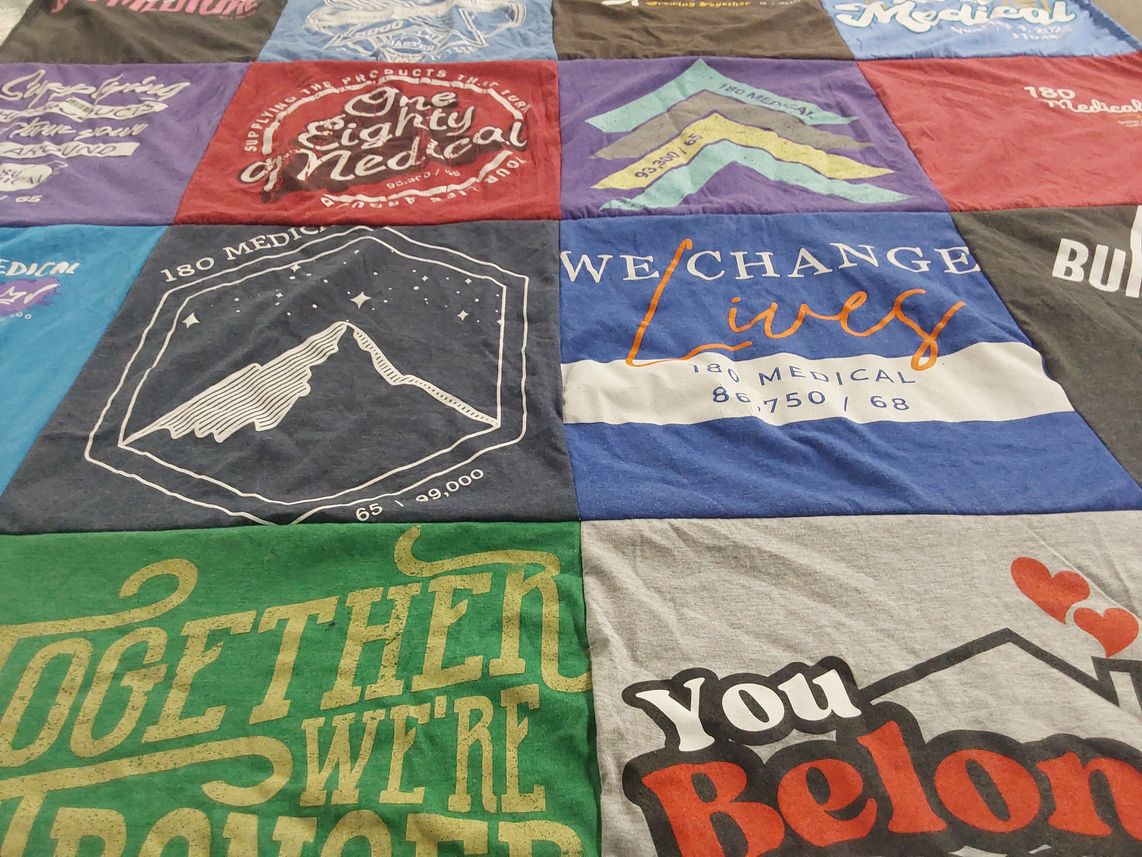 T-shirt quilt with healthcare, community themes by Lindsay from IL