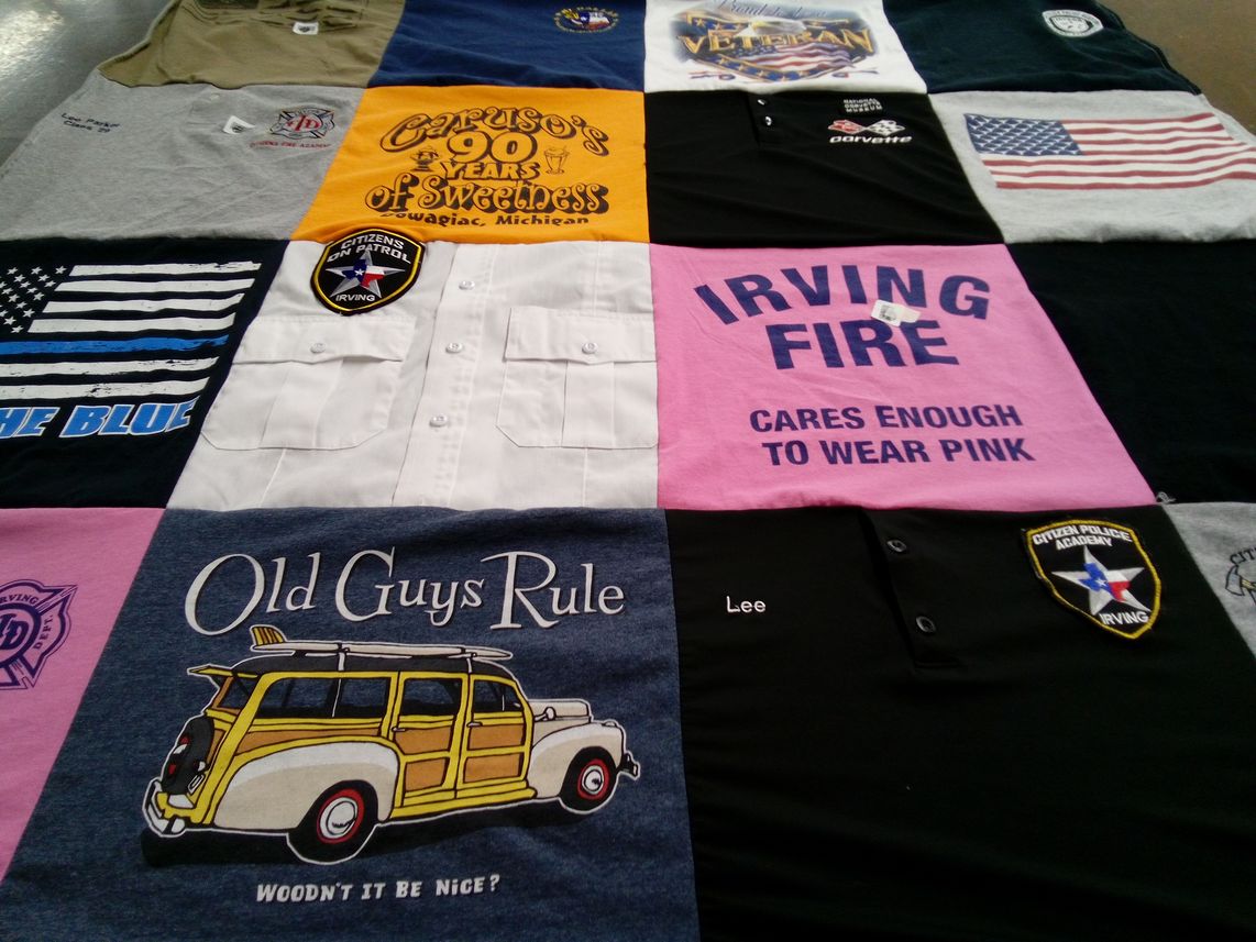 T-shirt quilt with community support, fire department themes by Norweita from TX