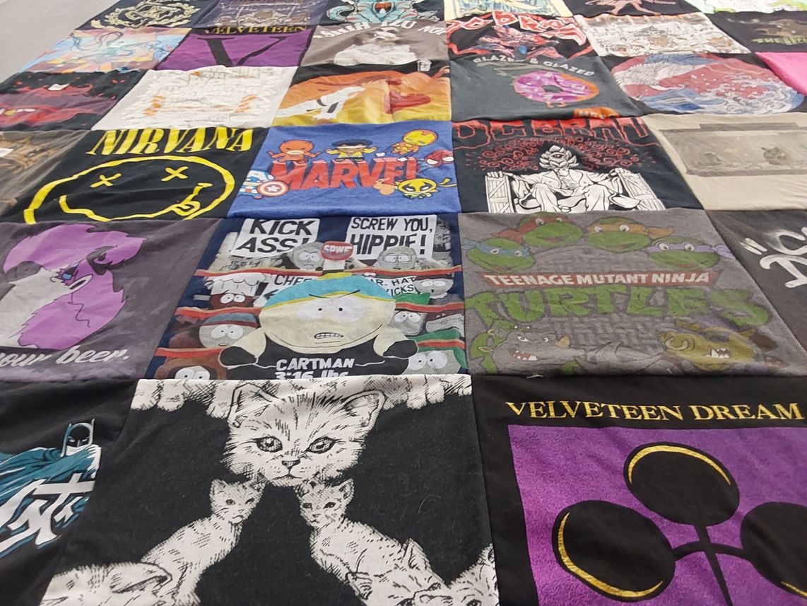 T-shirt quilt with music, comics themes by Nicole from MD