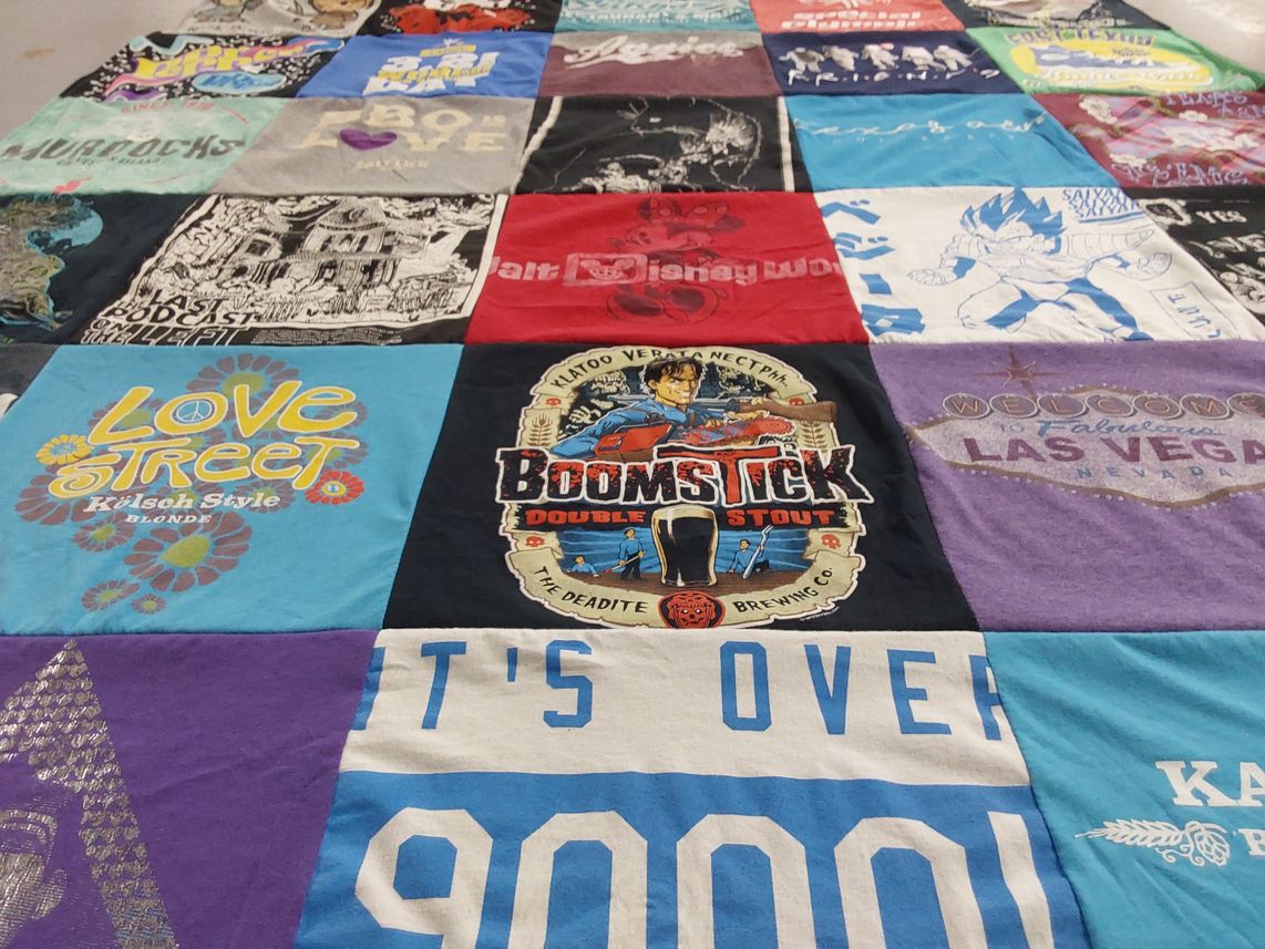 T-shirt quilt with crafting, brewing themes by Nicole from TX