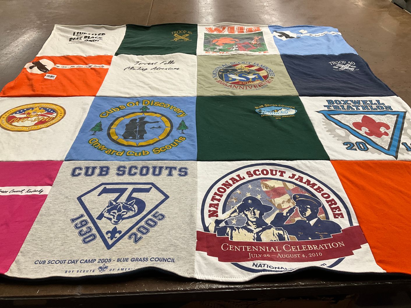 T-shirt quilt with scouting, camping themes by Paige from KY