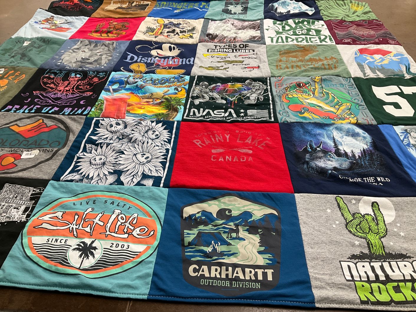 T-shirt quilt with nature, outdoors themes by Lauren from WA