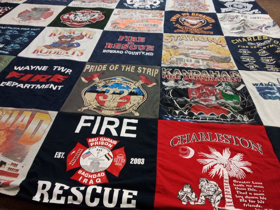 T-shirt quilt with firefighting, emergency services themes by John from IN