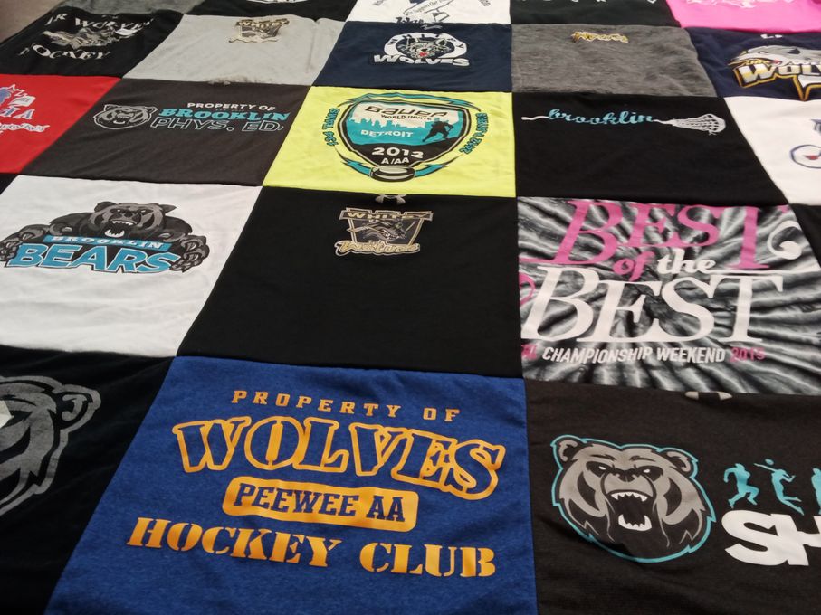 T-shirt quilt featuring brooklyn bears, wolves hockey team by Sarah from NY