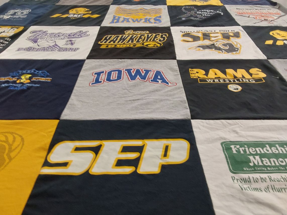 T-shirt quilt featuring southeast polk rams wrestling, iowa hawkeyes by Lance from IA