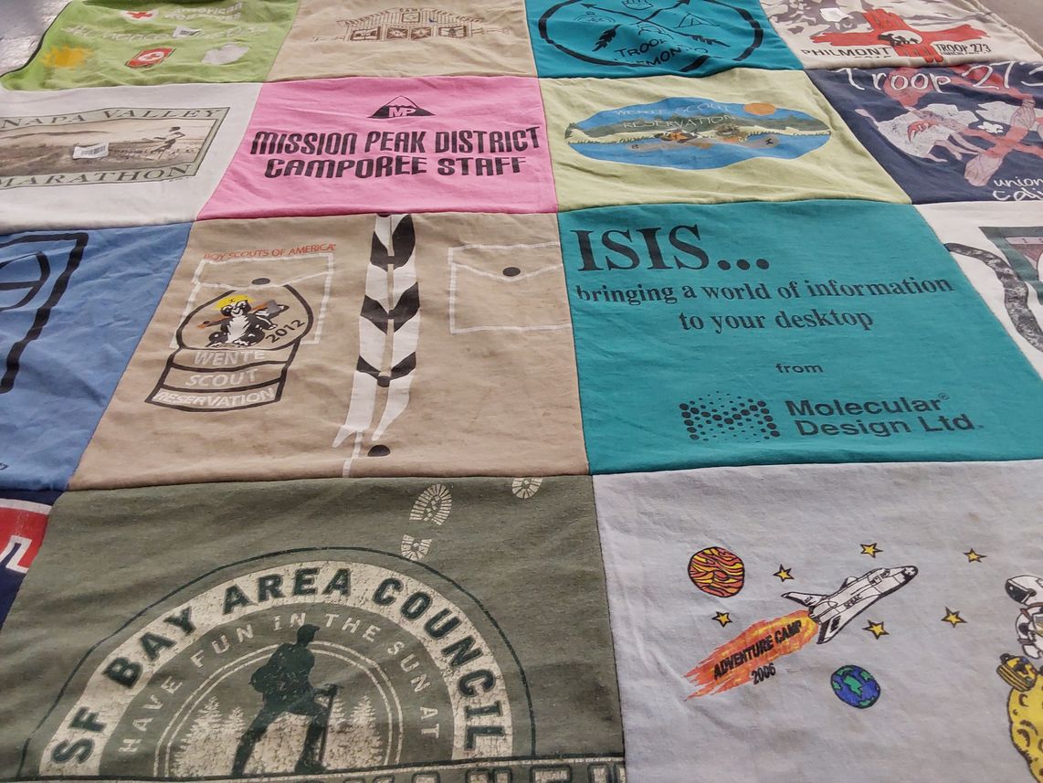 T-shirt quilt with scouting, camping themes by Kate from CA