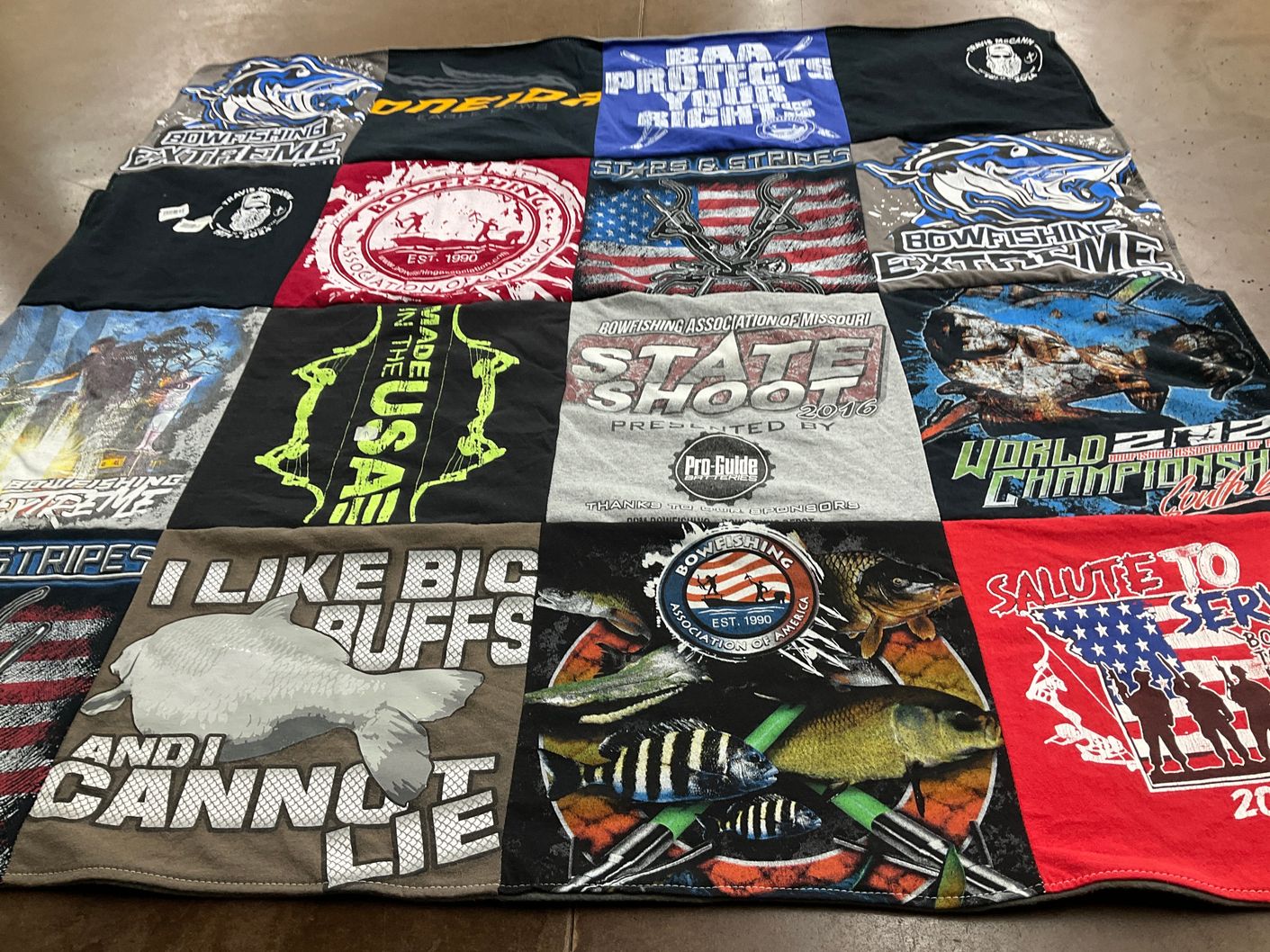 T-shirt quilt with bowfishing, fishing themes by Jason from MO