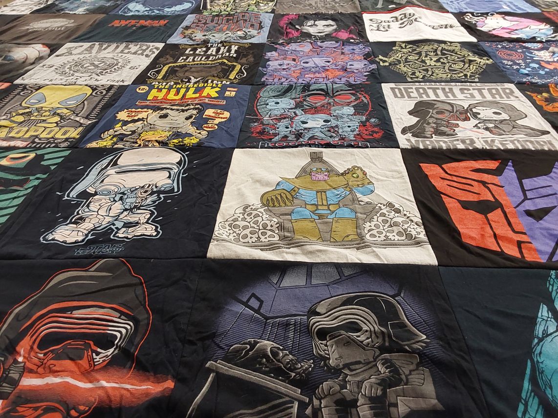 T-shirt quilt with comic books, superheroes themes by Ashley from VA